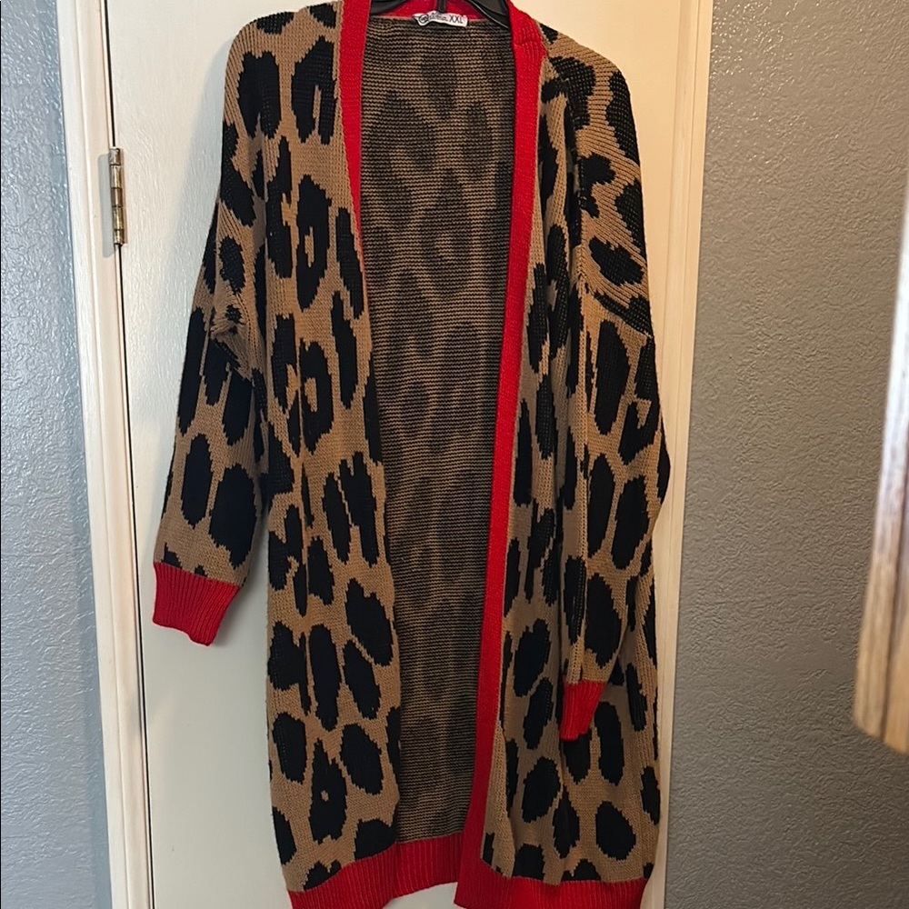 Red and Tan Leopard Print Cardigan Sweater
